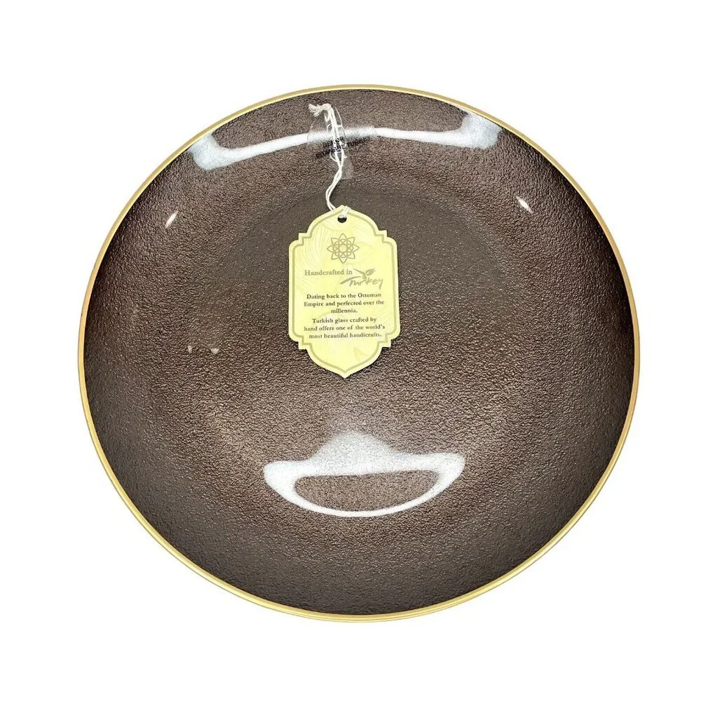 Turkish Glass 4 Entree Dinner Plates Set Brown Textured Gold Rim 11
